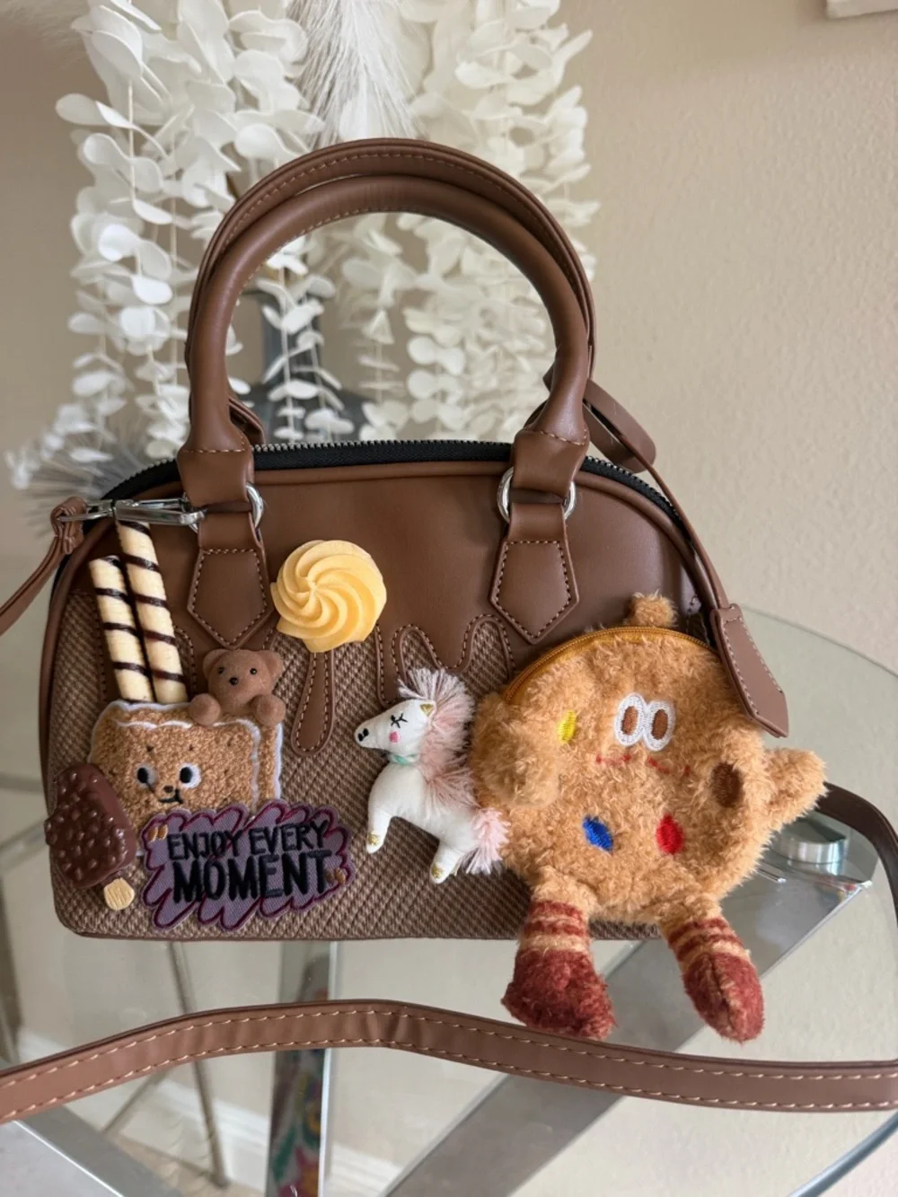 Brown Faux-Leather Handbag with Decorative Charms